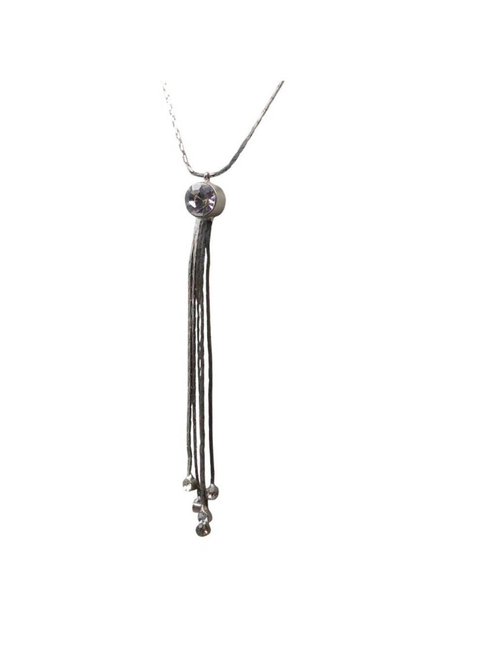 Vintage Crystal Drop Tassel Pendant on Silver Tone Chain Necklace, Clear Sparkle